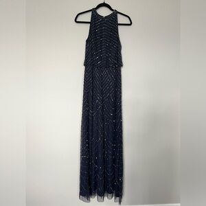 Adrianna Papell Women's Halter Art Deco Beaded Blouson Dress in Navy Wedding